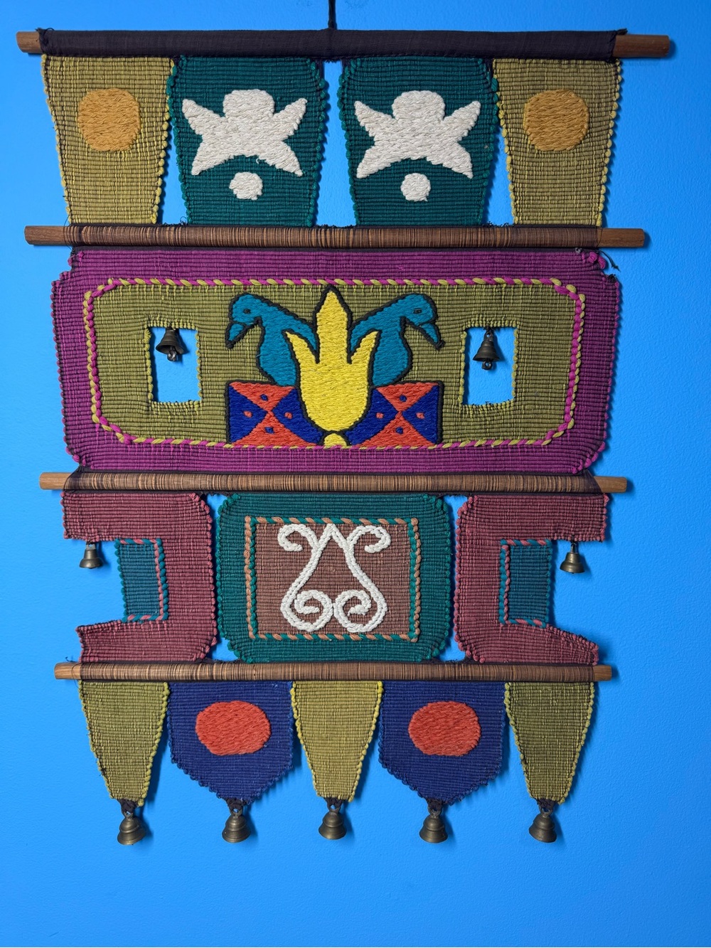 Vintage Handloom Cotton
Multi-Tiered Wall Tapestry With Brass Bells
